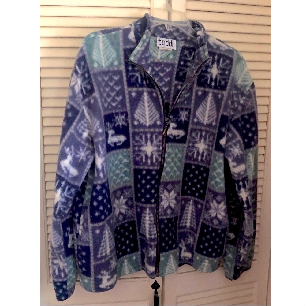Vintage 90s Teddi Reindeer Fair Isle Nordic Design Fleece Jacket Large